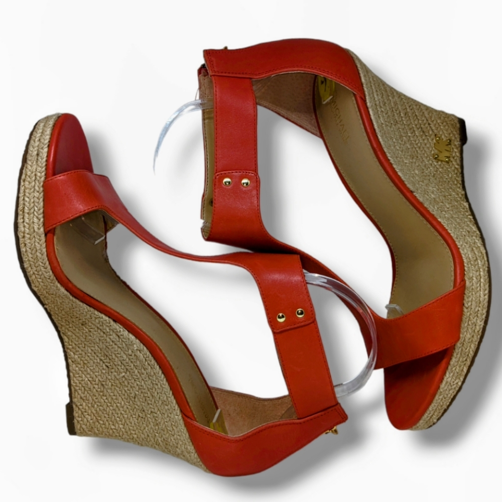 MICHAEL Michael Kors | Jute Coral Leather Open Toe Wedges Women's Size 9 - Picture 4 of 7